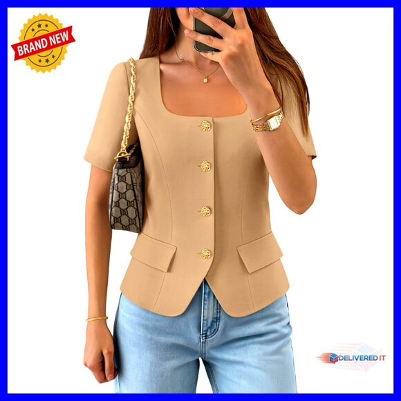 Square Neck Short Sleeve Blazer Vest Top Chic Casual Work Blouse Button Down